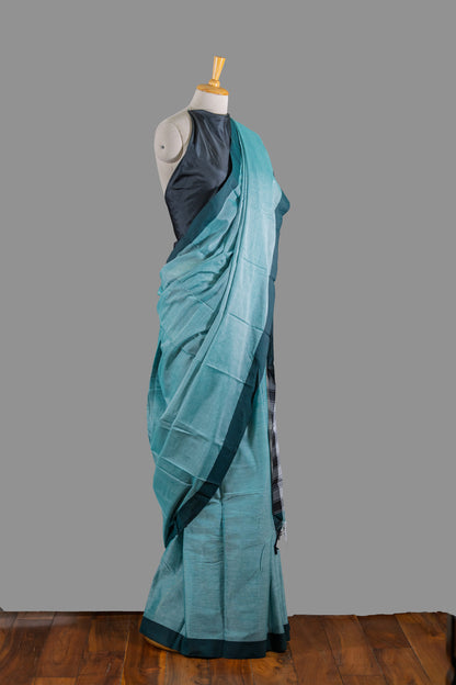 Fine Cotton Handloom Saree- Mint Green-Dark Green Border-Plain