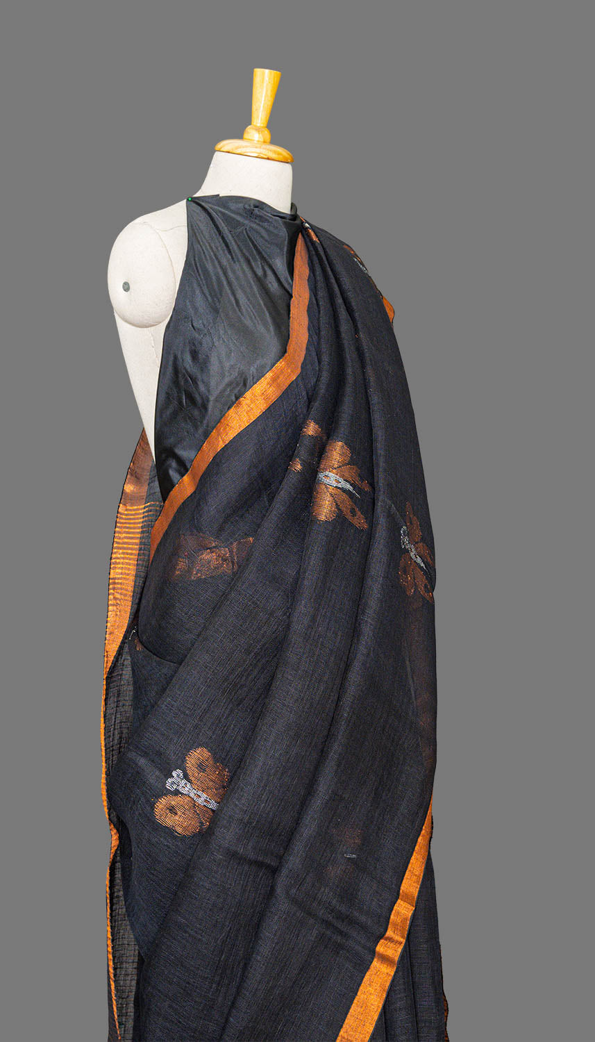 Black & Bronze Butterfly Booti Linen Saree | simmpli ethnicc
