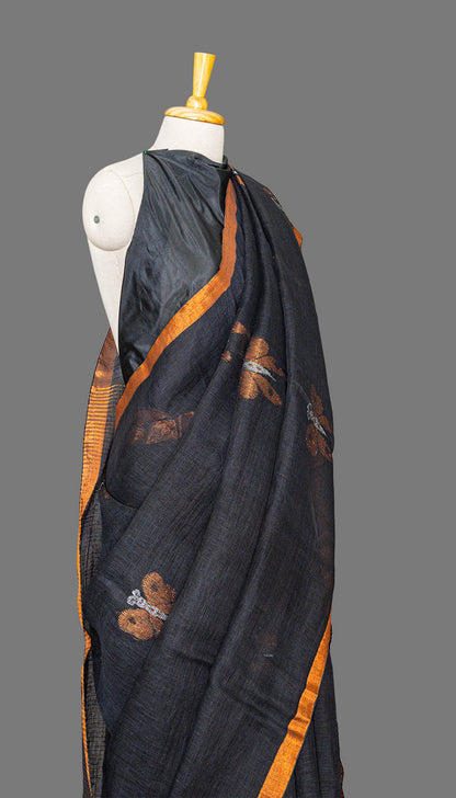 Black & Bronze Butterfly Booti Linen Saree | simmpli ethnicc