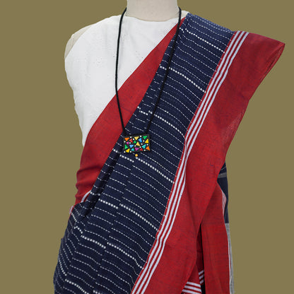 Navy Blue Handloom cotton Saree-Red Border | simmpli ethnicc