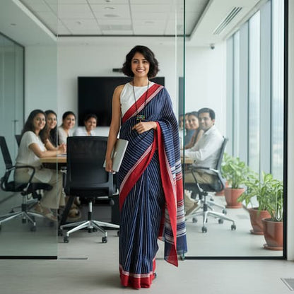 Handloom Khadi Cotton Saree-Navy Blue-Red Border