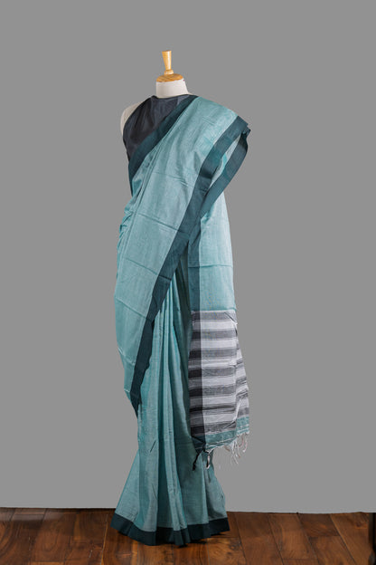 Fine Cotton Handloom Saree- Mint Green-Dark Green Border-Plain