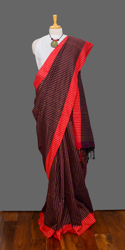 Cotton Black Saree with vertical stripes & Slim Orange Border | simmpli ethnicc
