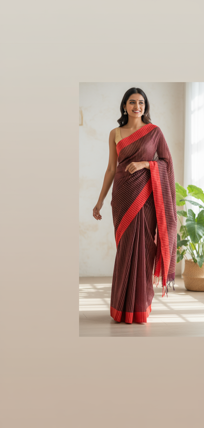 HANDLOOM COTTON SAREE-BURGUNDY RED-RED BORDER-GOLDEN STRIPES-HANDLOOM SAREE COLLECTION | simmpli ethnicc