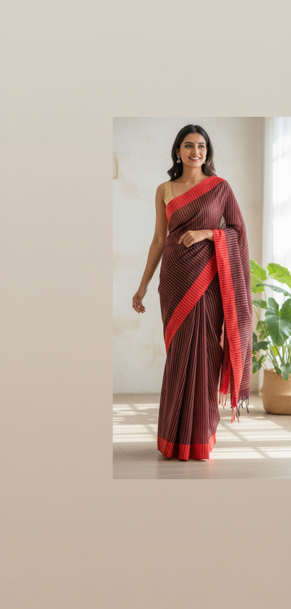 HANDLOOM COTTON SAREE-BURGUNDY RED-RED BORDER-GOLDEN STRIPES-HANDLOOM SAREE COLLECTION | simmpli ethnicc
