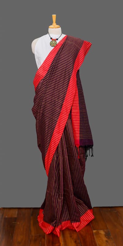 Handloom Cotton saree-Burgandy red-Red Border-Golden Stripes