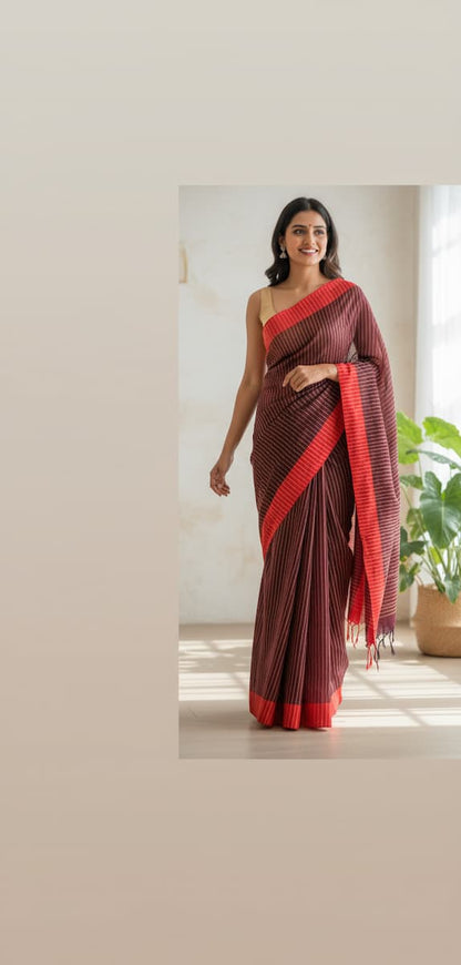 Handloom Cotton saree-Burgandy red-Red Border-Golden Stripes