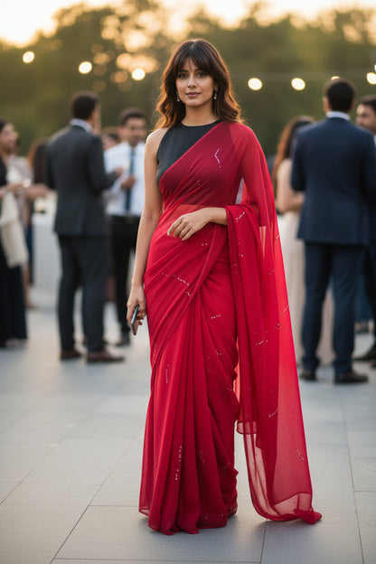 PURE CHIFFON SAREE-DARK FUCHSIA - TYE-DYE -MUKESH- CHIFFON SAREE COLLECTION | simmpli ethnicc