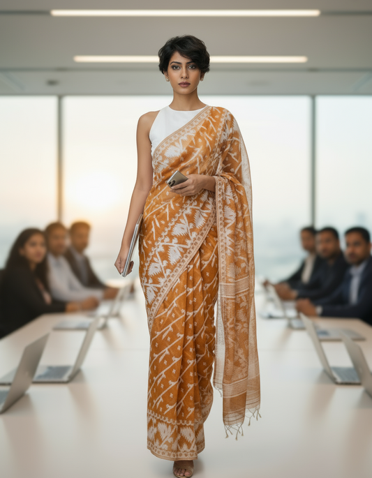 HANDLOOM COTTON SAREE -CARAMAL-WHITE WOVEN- HANDLOOM SAREE COLLECTION | simmpli ethnicc