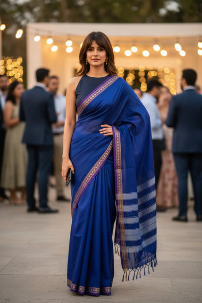 Fine Cotton Handloom  Saree- Royal Blue- Woven Thread Border