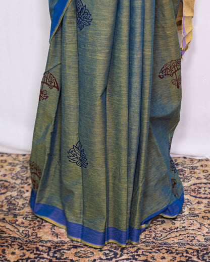 Green Block printed Handloom Saree | simmpli ethicc
