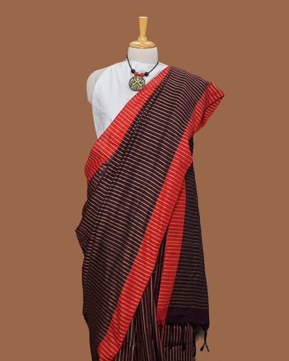 Cotton Black Saree with vertical stripes & Slim Orange Border | simmpli ethnicc