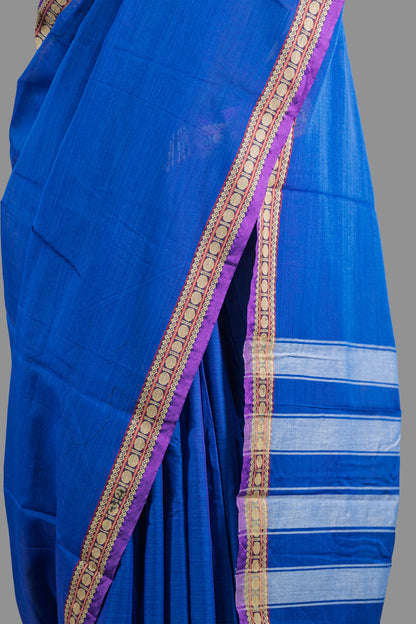 Fine Cotton Handloom  Saree- Royal Blue- Woven Thread Border