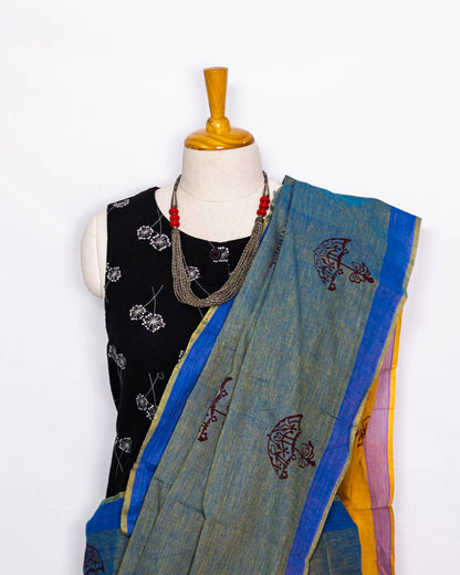 Green Block printed Handloom Saree | simmpli ethicc