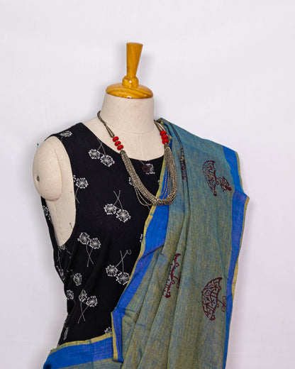 Green Block printed Handloom Saree | simmpli ethicc