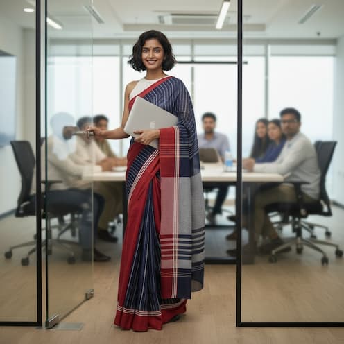 Handloom Khadi Cotton Saree-Navy Blue-Red Border