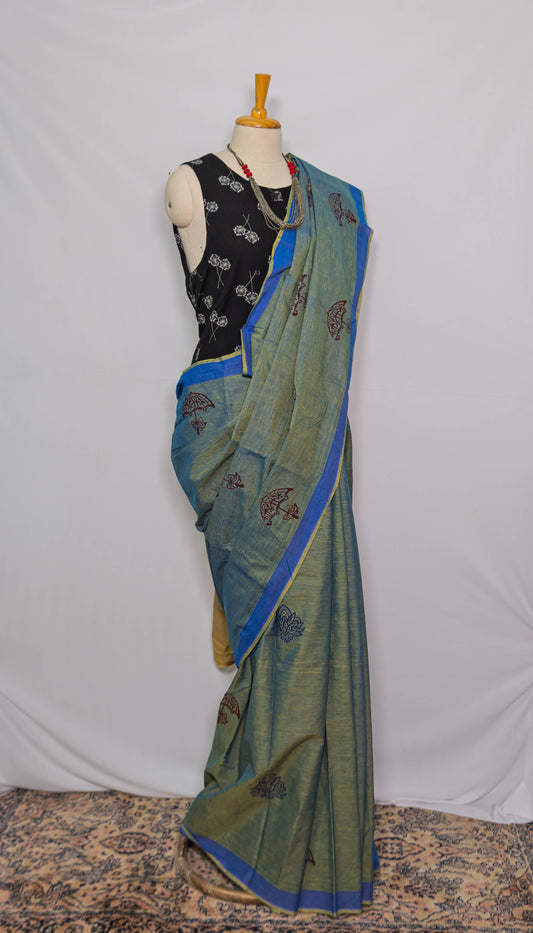 Green Block printed Handloom Saree | simmpli ethicc
