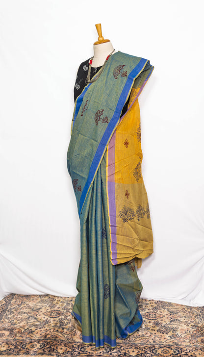 Green Block printed Handloom Saree | simmpli ethicc