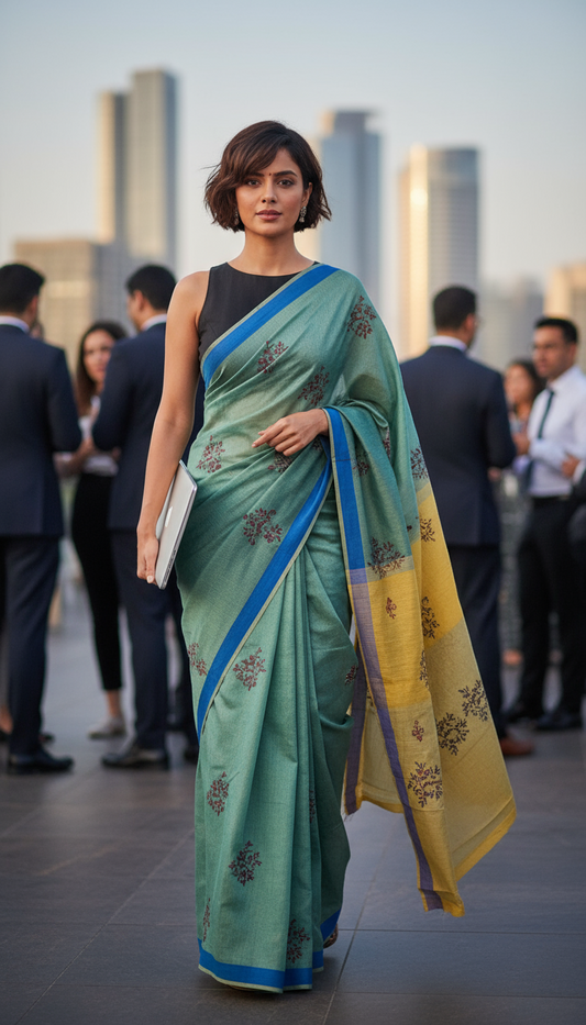 HANDLOOM COTTON SAREE-MOSS GREEN-BLOCK PRINT-HANDLOOM SAREE COLLECTION | simmpli ethnicc