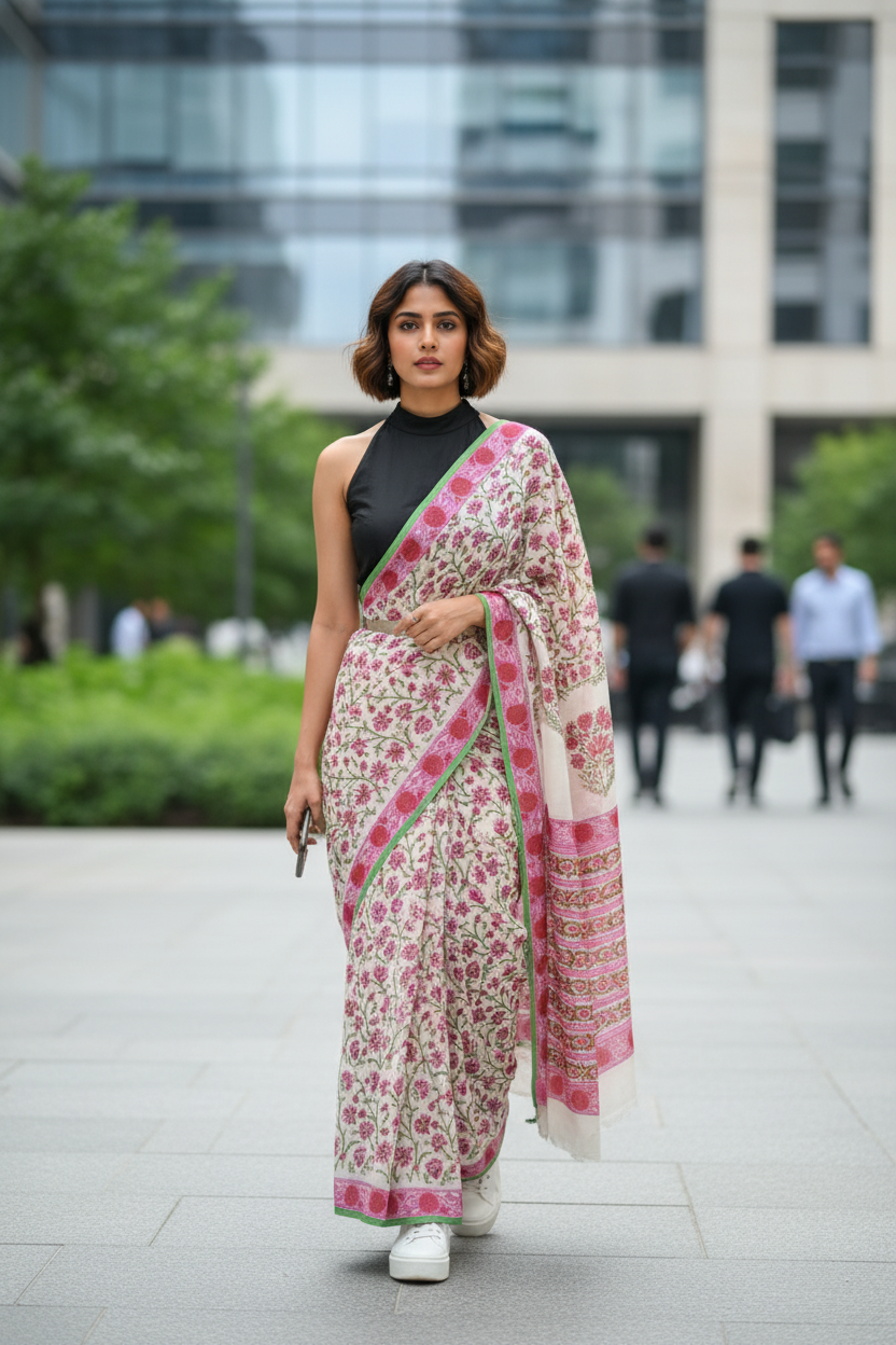 MUL COTTON SAREE-FLORAL PRINT -PRINTED SAREE COLLECTION | simmpli ethnicc