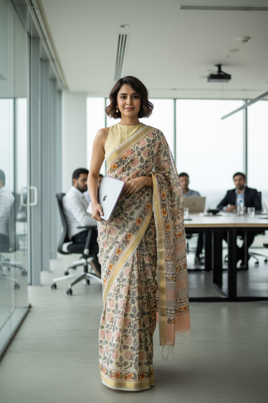 CHANDERI COTTON SAREE -IVORY & PEACH PRINTED SAREE - CHANDERI SAREE COLLECTION | simmpli ethnicc