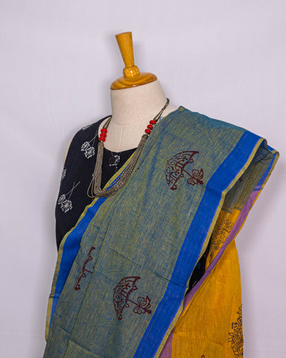 Green Block printed Handloom Saree | simmpli ethicc