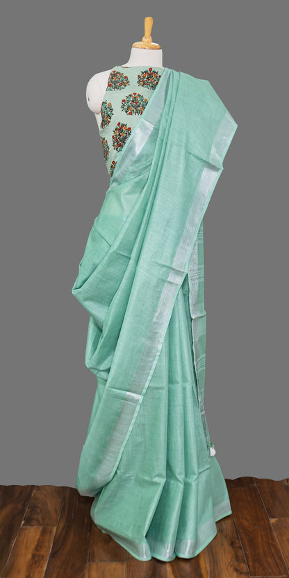 Sea Green Cotton Linen Saree - silver Border | simmpli ethnicc