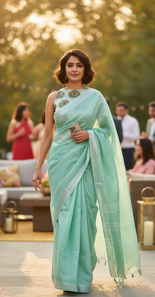 LINEN COTTON SAREE - SEA GREEN-SILVER BORDER-LINEN SAREE COLLECTION | simmpli ethnicc