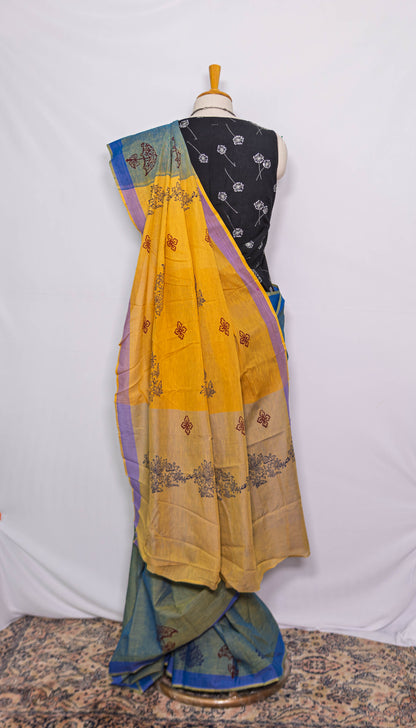 Green Block printed Handloom Saree | simmpli ethicc