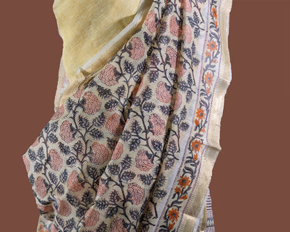 Ivory & Peach Chanderi Floral saree