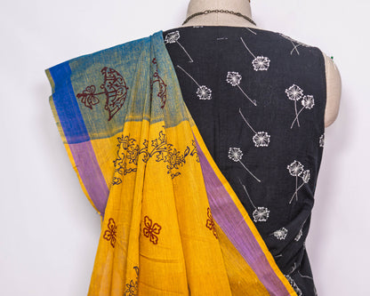 Green Block printed Handloom Saree | simmpli ethicc