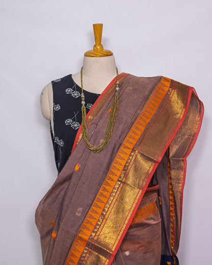 Brown / Golden Border Handloom cotton Saree|simmpli ethnicc