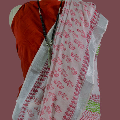 Block Printed White & Coral Red  Cotton Saree  |simmpli ethnicc
