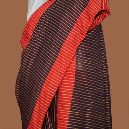 Cotton Black Saree with vertical stripes & Slim Orange Border | simmpli ethnicc