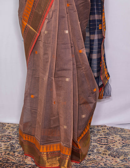 Brown / Golden Border Handloom cotton Saree|simmpli ethnicc