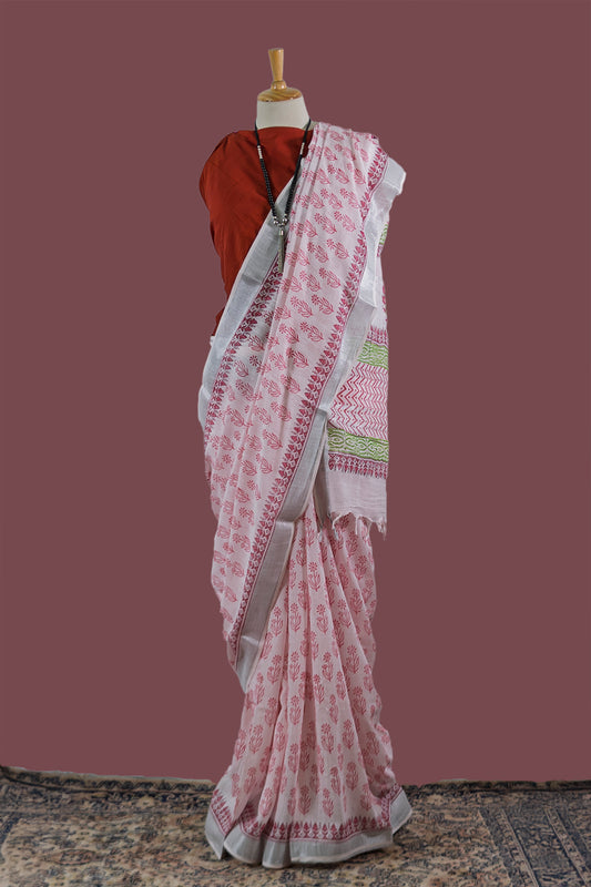 Block Printed White & Coral Red  Cotton Saree  |simmpli ethnicc