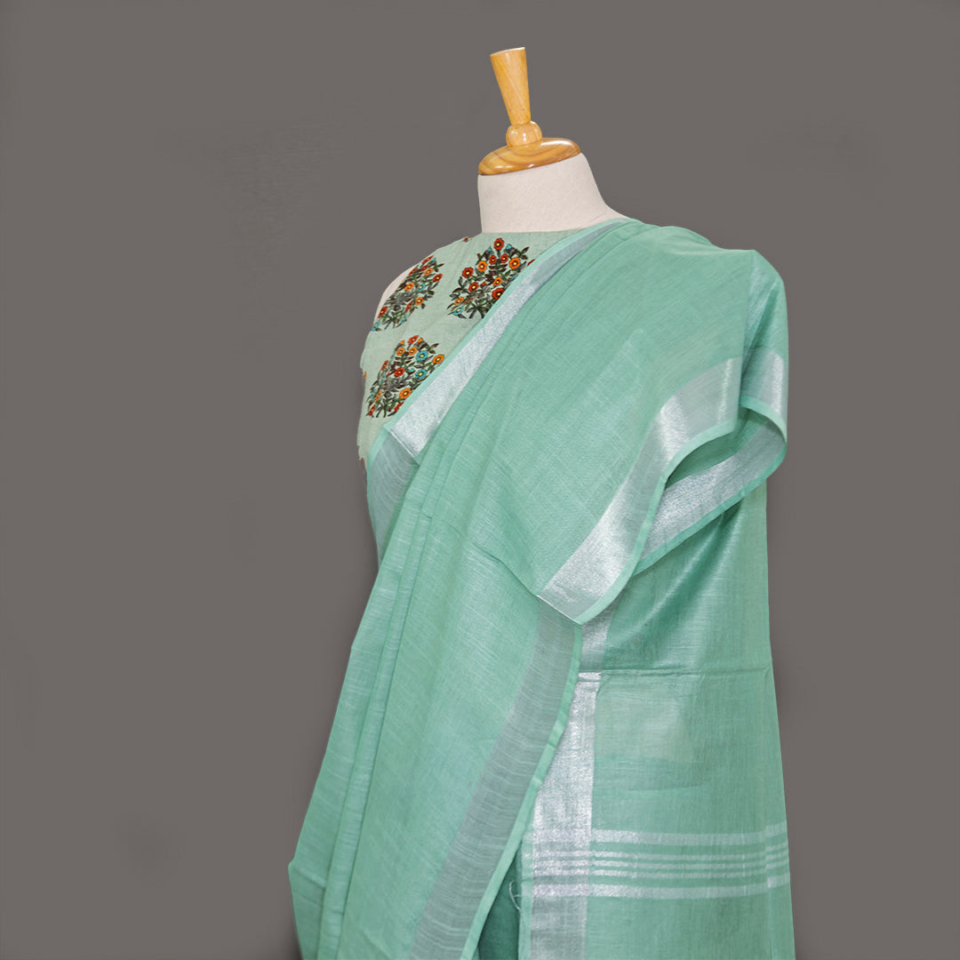 Sea Green Cotton Linen Saree with silver Border