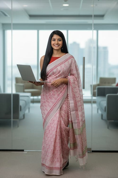 Cotton Linen Saree – Off White with Silver Border & Block Print