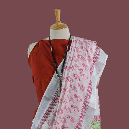 Block Printed White & Coral Red  Cotton Saree  |simmpli ethnicc