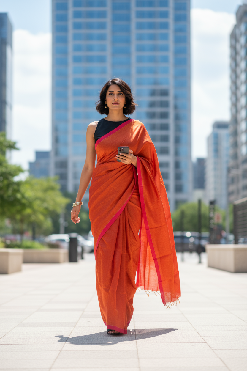 HANDLOOM COTTON TISSUE SAREEE-BURNT ORANGE-SHIMMER-HANDLOOM SAREE COLLECTION | simmpli ethnicc (Copy)