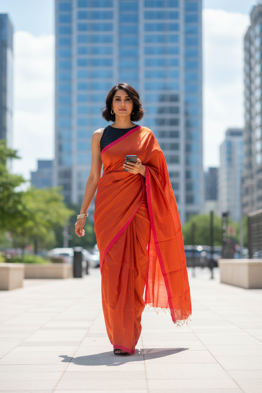 HANDLOOM COTTON TISSUE SAREEE-BURNT ORANGE-SHIMMER-HANDLOOM SAREE COLLECTION | simmpli ethnicc (Copy)