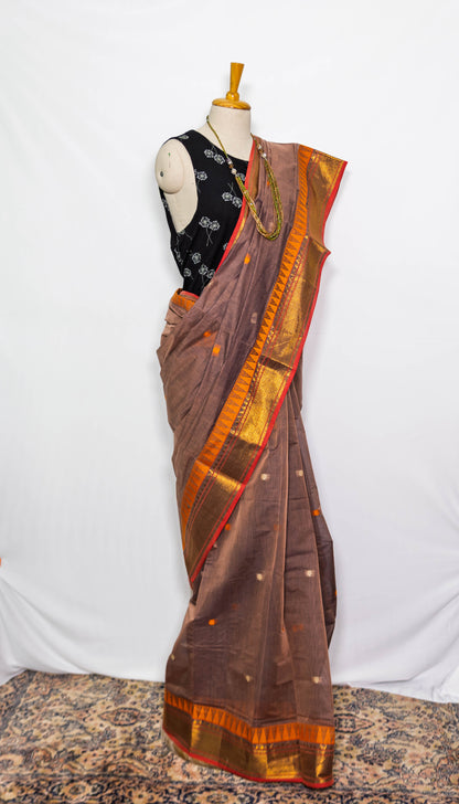 Brown / Golden Handloom cotton Saree |simmpli ethnicc