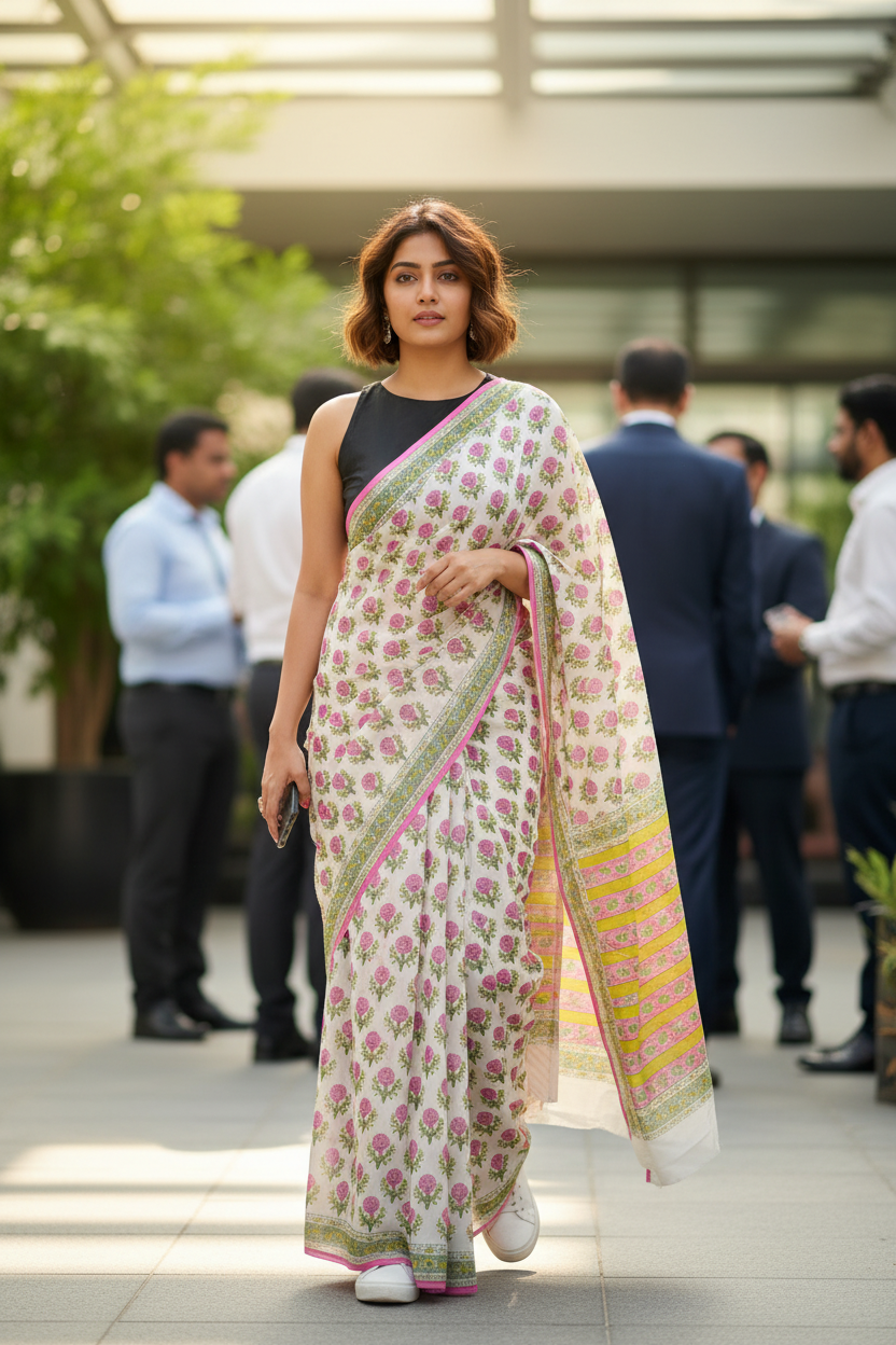 MUL COTTON SAREE-PINK-LIME GREEN-FLORAL PRINT -PRINTED SAREE COLLECTION | simmpli ethnicc