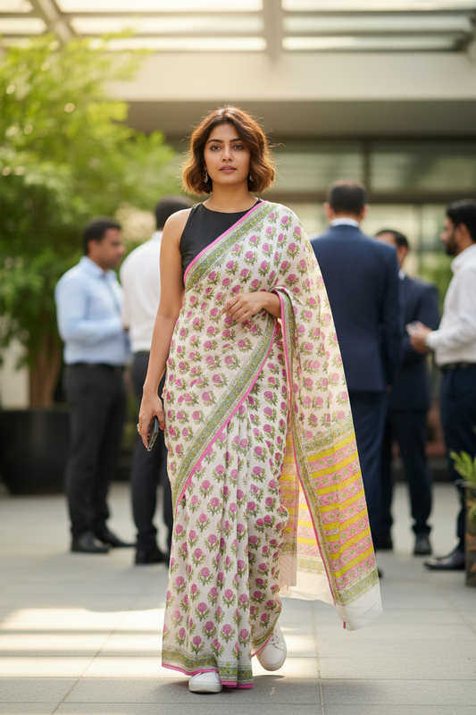 MUL COTTON SAREE-PINK-LIME GREEN-FLORAL PRINT -PRINTED SAREE COLLECTION | simmpli ethnicc