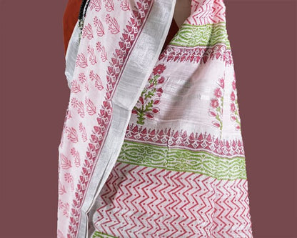 Cotton Linen Saree – Off White with Silver Border & Block Print