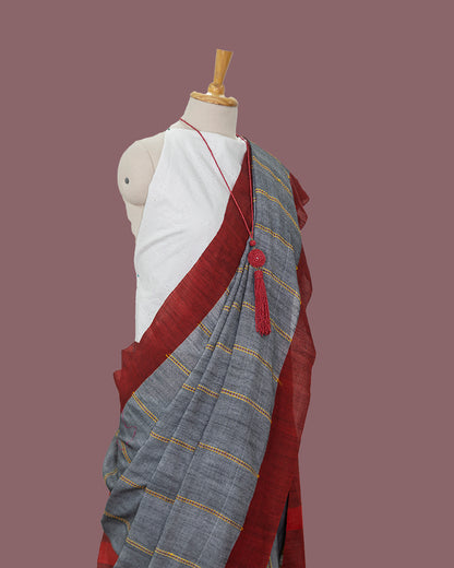 Gray cotton Saree - Red Border-Handloom | simmpli ethnicc