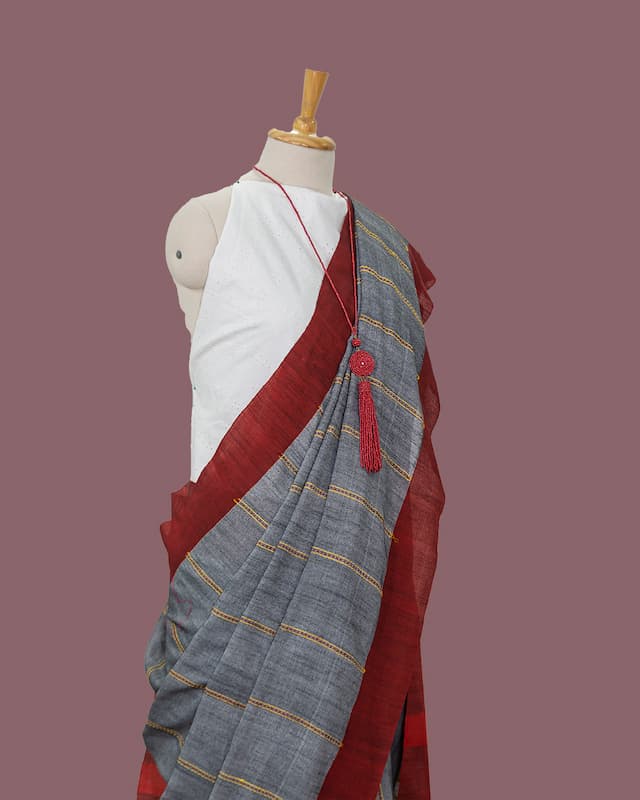 Handloom Khadi Cotton Saree-Iron Gray-Red Border-Vertical Woven Stripes