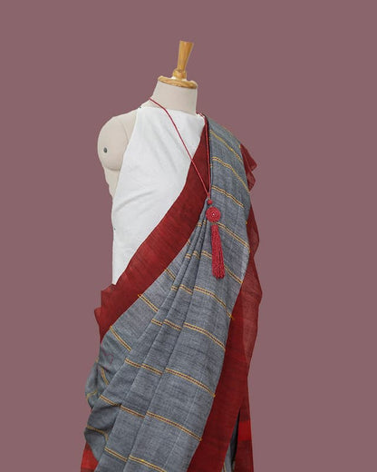 Handloom Khadi Cotton Saree-Iron Gray-Red Border-Vertical Woven Stripes