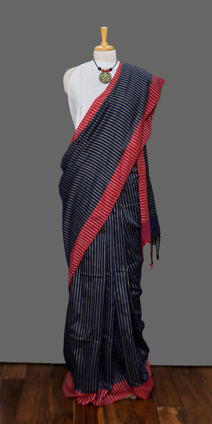 Cotton Black Saree with vertical stripes  Slim Red Border | simmpli ethnicc