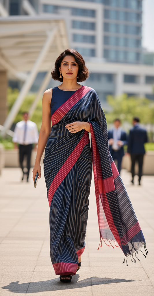 HANDLOOM COTTON SAREE- NAVY BLUE -RED BORDER-GOLDEN VERTICAL STRIPES- HANDLOOM SAREE COLLECTION | simmpli ethnicc